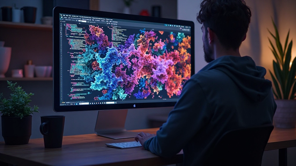 Computer scherm met kleurrijke generatieve kunst en code editor ernaast