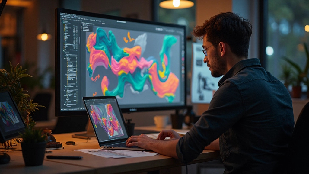 Designer werkend aan laptop met parametrische ontwerpen zichtbaar op scherm, creatieve werkplek met voorbeelden op muur