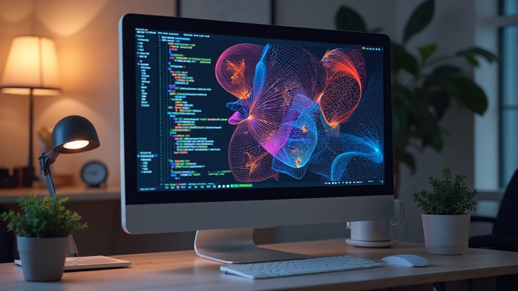 Computerscherm met parametrische designcode en gekleurde geometrische vormen die dynamisch veranderen