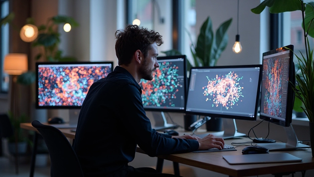 Creatief codeerworkstation met generatieve visuele elementen op meerdere schermen